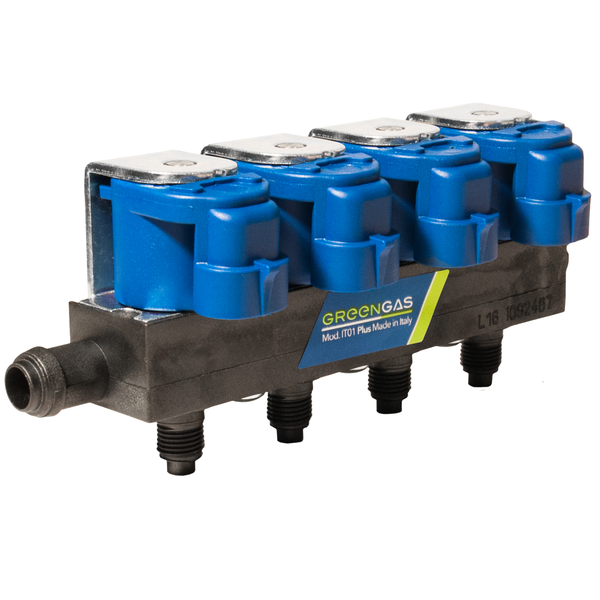 картинка Форсунки GREENGAS IT01 v. PLUS 4 цил. 2 Ohm с жиклерами D1,50 мм и штуцерами в коллектор, пластик. корпус в интернет-магазине AutogasMarket