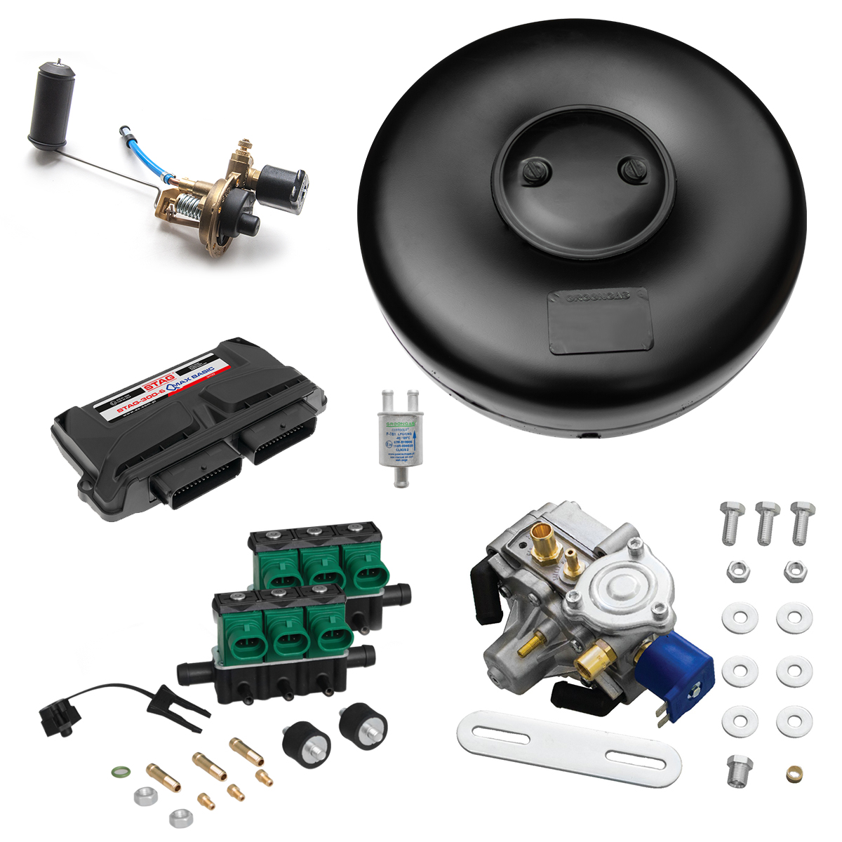 картинка ГБО 4 цилиндра: электроника STAG-400 DPI, редуктор Tomasetto Antartic Super (до 340 л.с.), форсунки STAG W03, фильтр, мульт.AT02, ВЗУ,бал.тороид. 43 л в интернет-магазине AutogasMarket