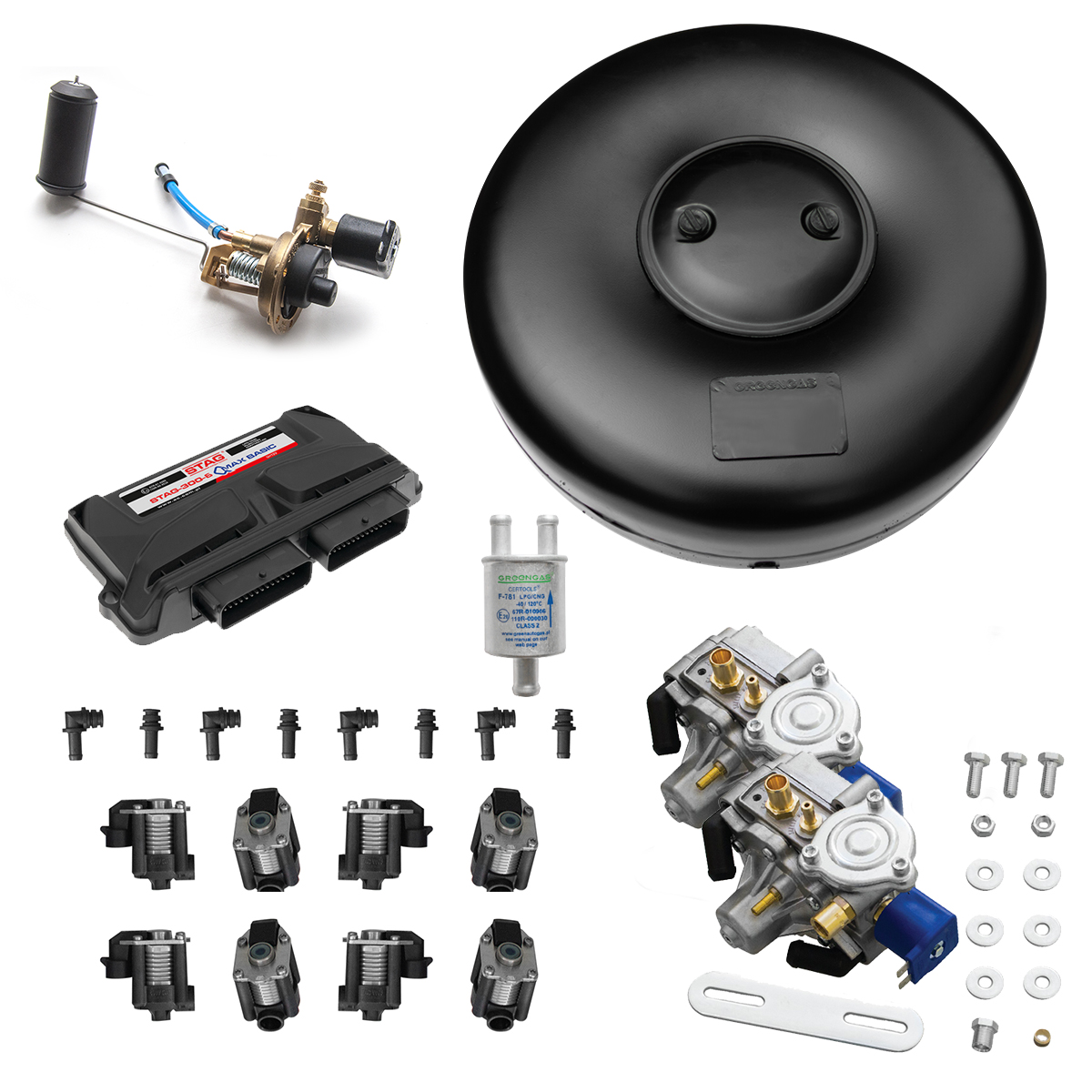 картинка ГБО: электроника STAG QMAX BASIC, 2 редуктора Tomasetto Antartic Super (136-340 л.с.), форсунки STAG W03, фильтр, мульт. AT02, ВЗУ, бал. тор. 54 л в интернет-магазине AutogasMarket