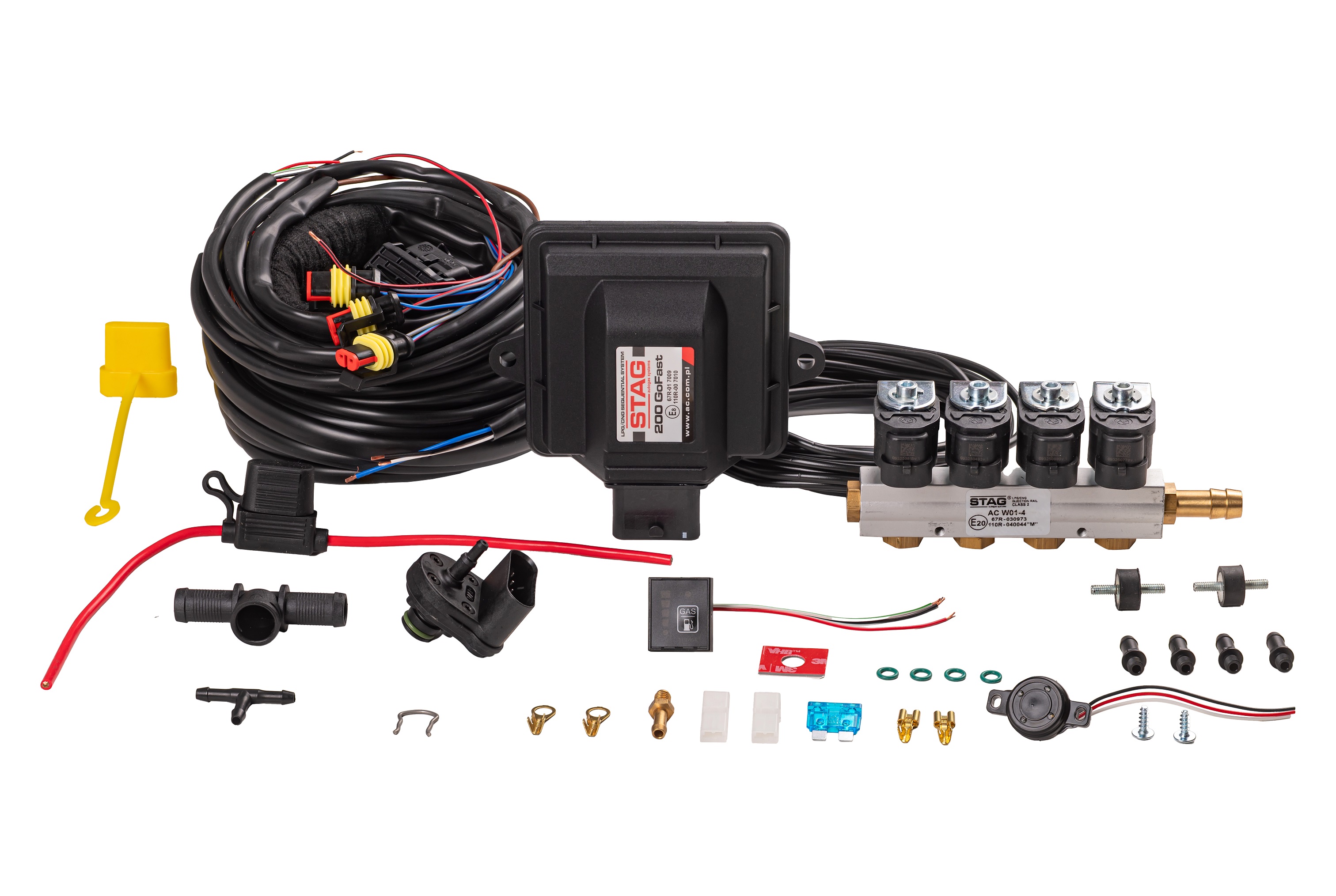 картинка Мини-комплект STAG-200 GoFast, разъемы газ. форс. тип Valtek, без ДТР, с форсунками STAG W01 4 цил., жиклерами D 1.5 мм и без штуцеров в коллектор в интернет-магазине AutogasMarket