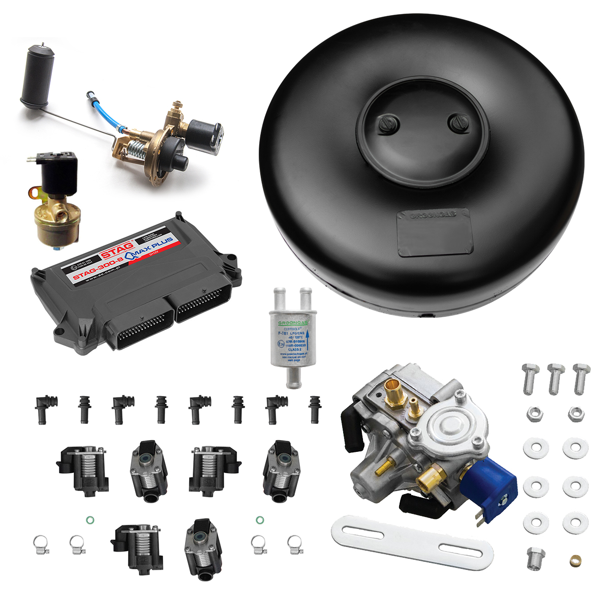 картинка ГБО: электроника STAG QMAX PLUS,  редуктор Tomasetto Antartic Super (136-340 л.с.), форсунки STAG W03, фильтр, ЭМК газа, мульт.AT02, ВЗУ, бал.тор.54 л в интернет-магазине AutogasMarket
