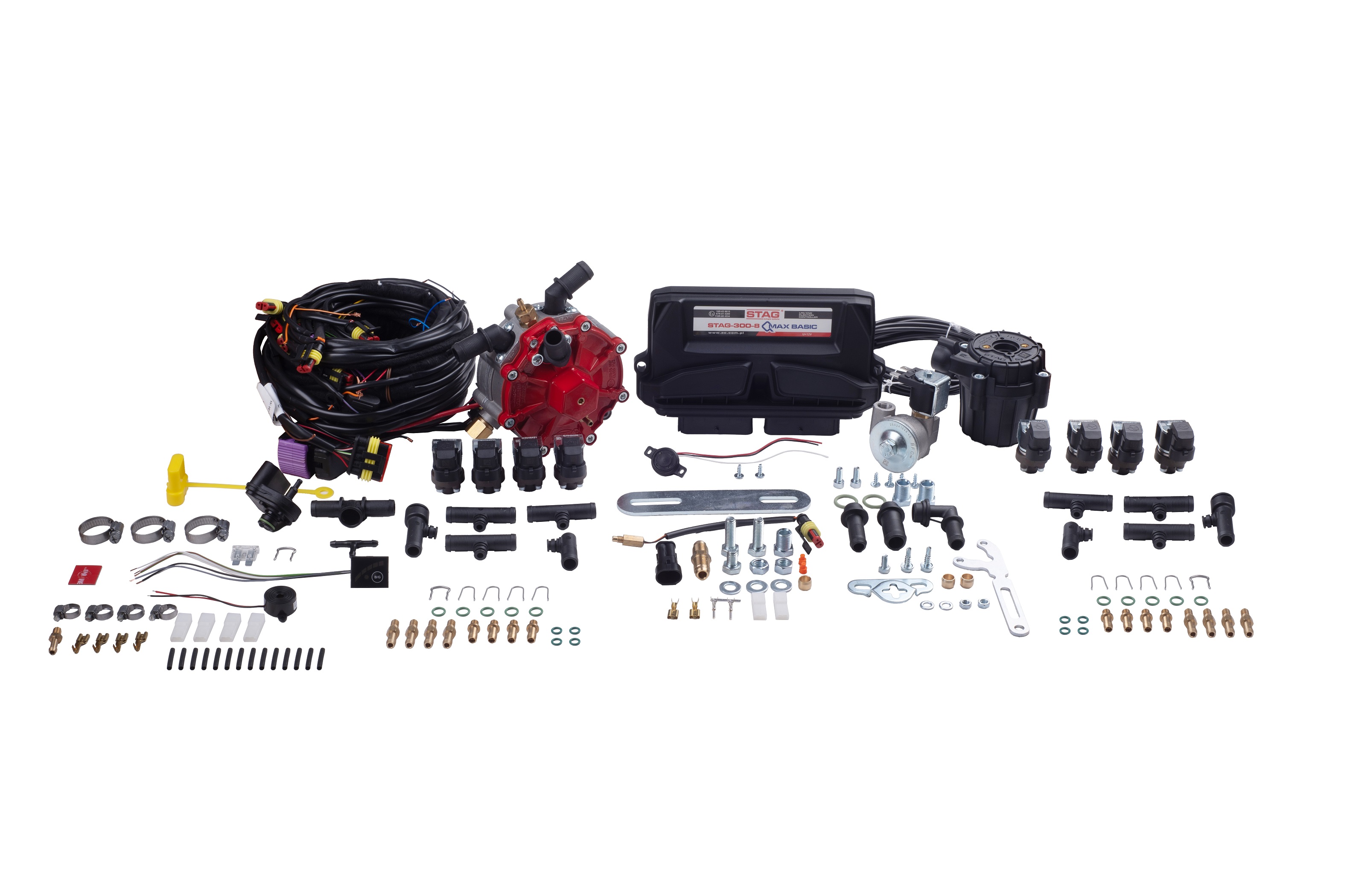 картинка Миникомплект STAG QMax Basic 8ц, редуктор STAG R01 250 кс, форсунки STAG W05 4ц, фильтр STAG GF01 в интернет-магазине AutogasMarket