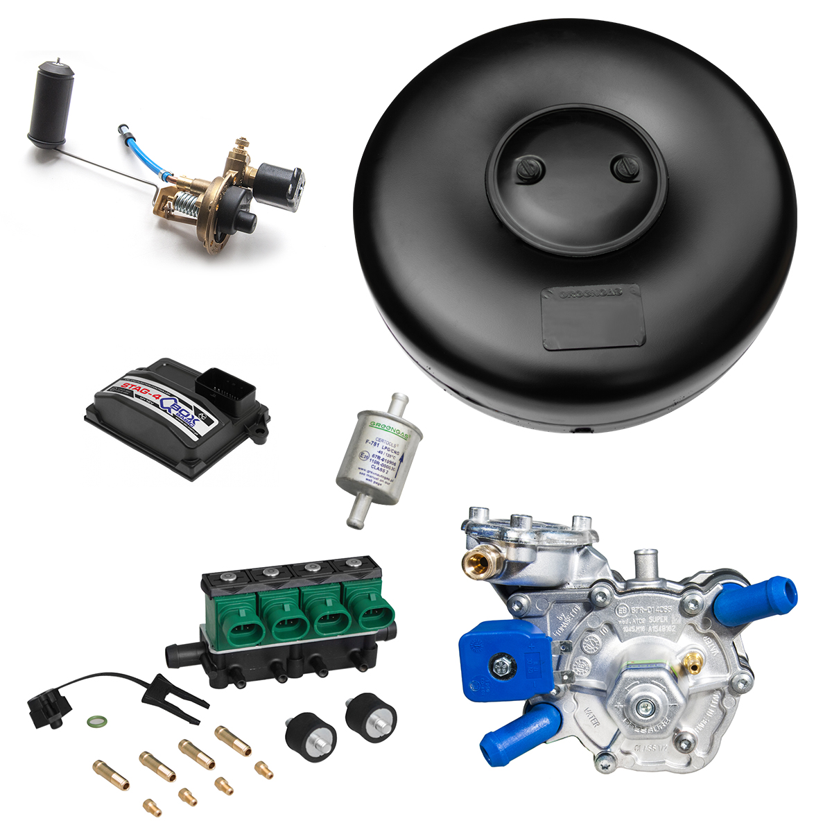 картинка ГБО: электроника STAG QBOX BASIC, редуктор Tomasetto Alaska Super (140 л.с.), форсунки GREENGAS тип 32, фильтр, мульт. AT02, ВЗУ, баллон тороид. 43 л в интернет-магазине AutogasMarket