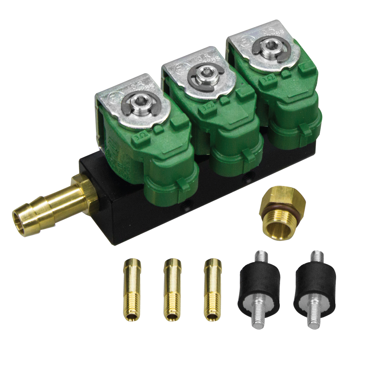 картинка Форсунки GREENGAS тип 30, 3 цил. 3 Oм, со штуцерами в коллектор, амортизаторами (без жиклеров) в интернет-магазине AutogasMarket